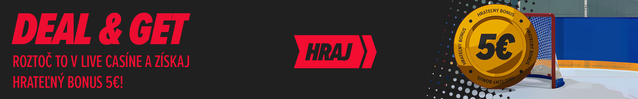 Hrateľný bonus 5 € do live casina s hokejovou bránkou v pozadí