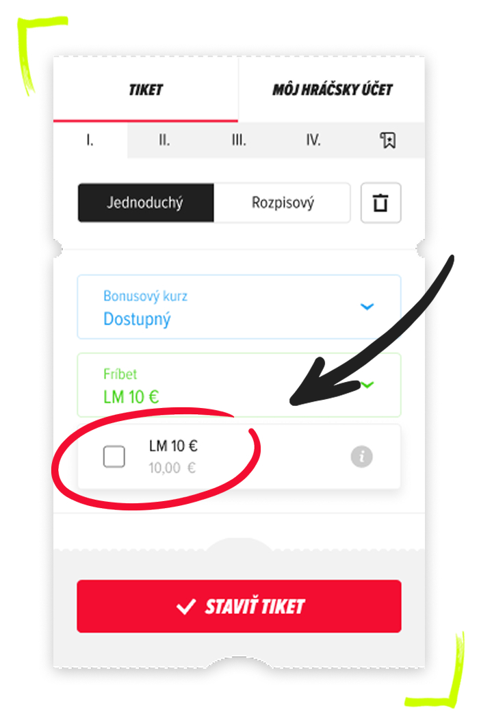 Tipovanie na Ligu Majstrov s bonusom Fríbet zobrazený v rozpracovanom tikete, kde ho hráč nájde